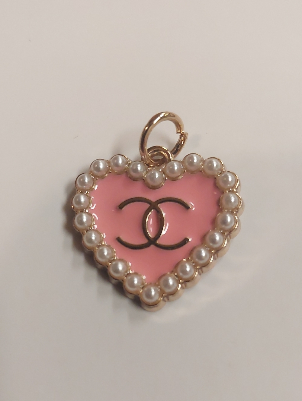 Pink Heart Pendant Charm with Pearl Border
